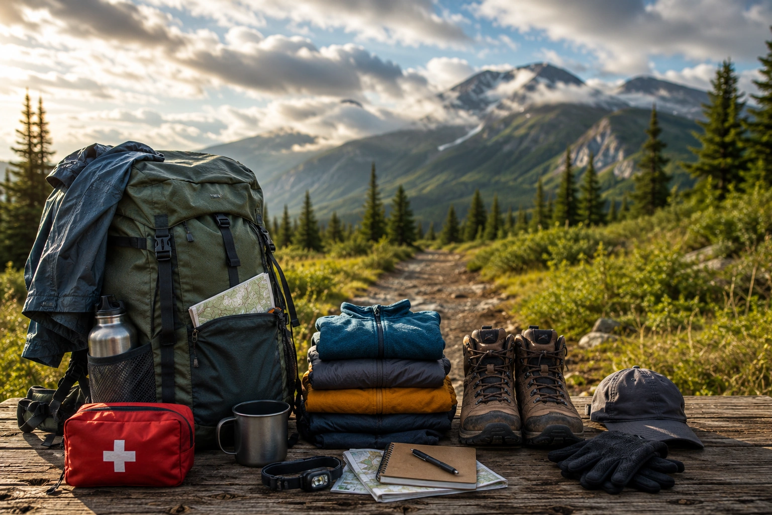Day hiking backpack, layered clothing, boots, map, water and emergency gear beside a mountain trail
