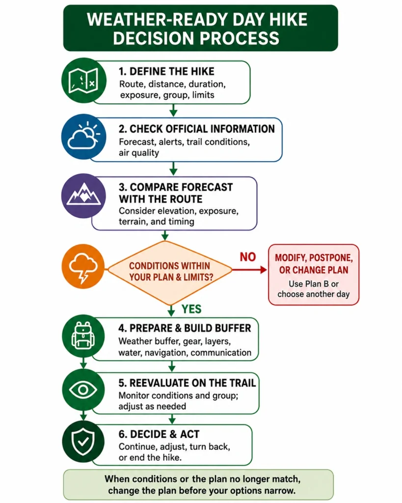 Weather-ready day hike decision process showing how to define the hike, check official information, compare conditions with the route, build a buffer, reassess, and decide when to change the plan.