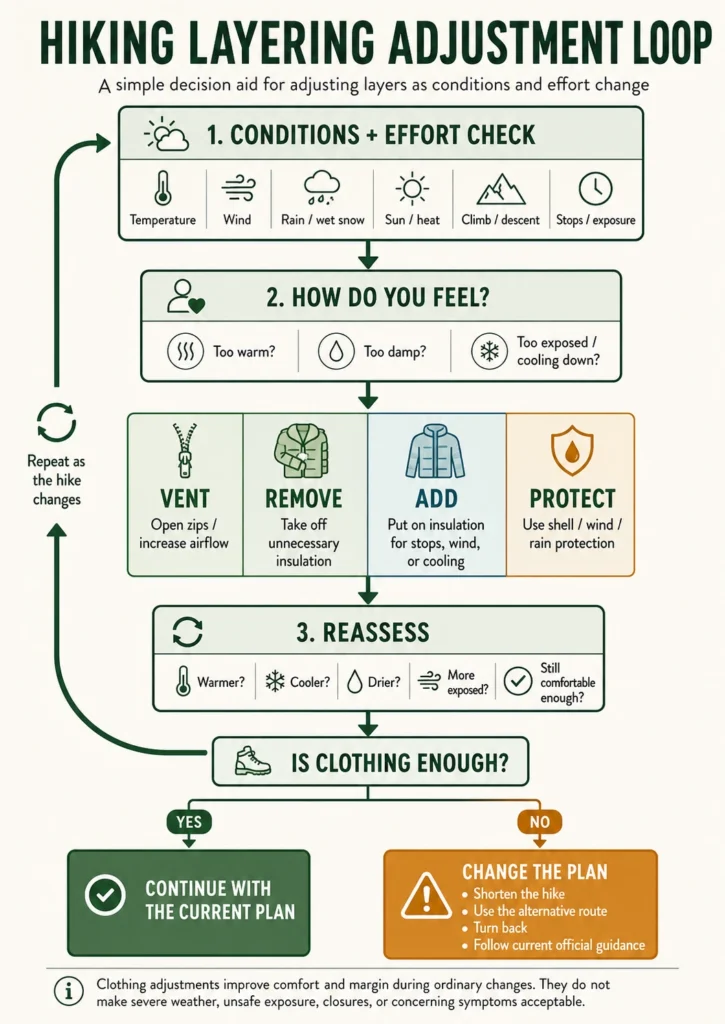 Layering adjustment loop for hiking showing when to vent, remove, add, protect, reassess, or change the plan