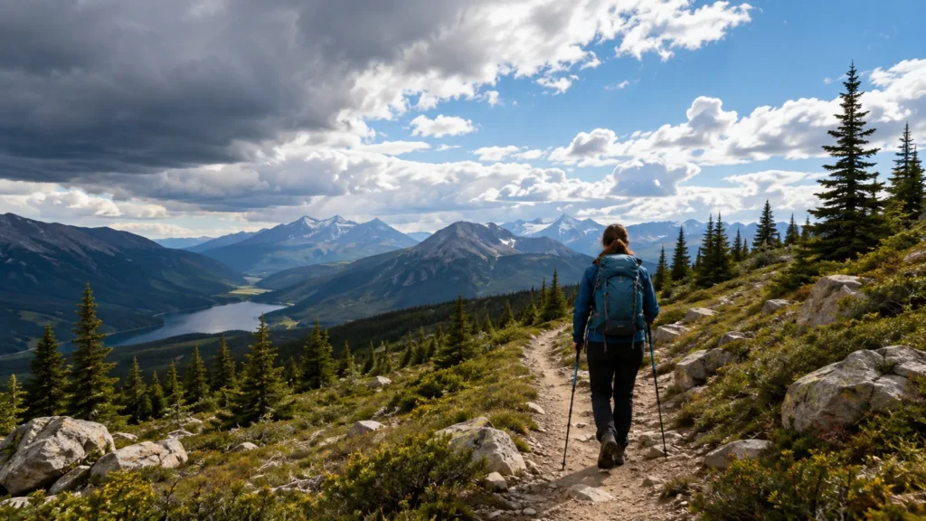 Established day-hiking trail beneath mixed clouds as weather changes across the landscape.