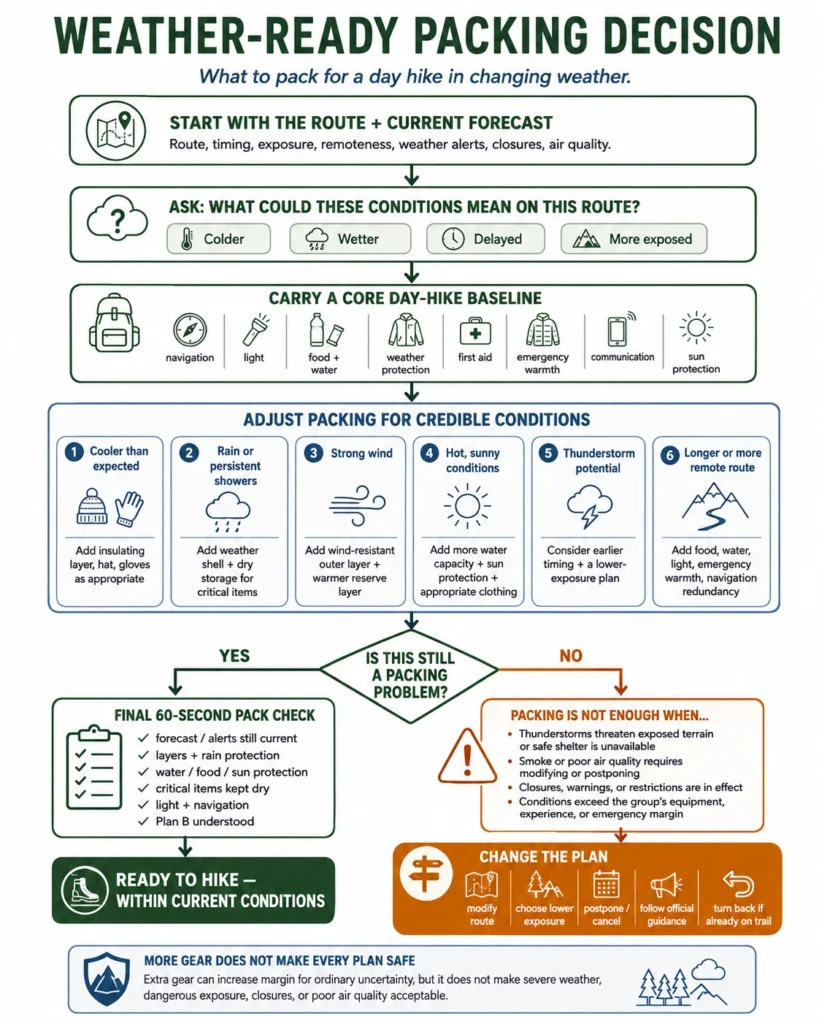 Weather-ready day hike packing decision flowchart for changing conditions