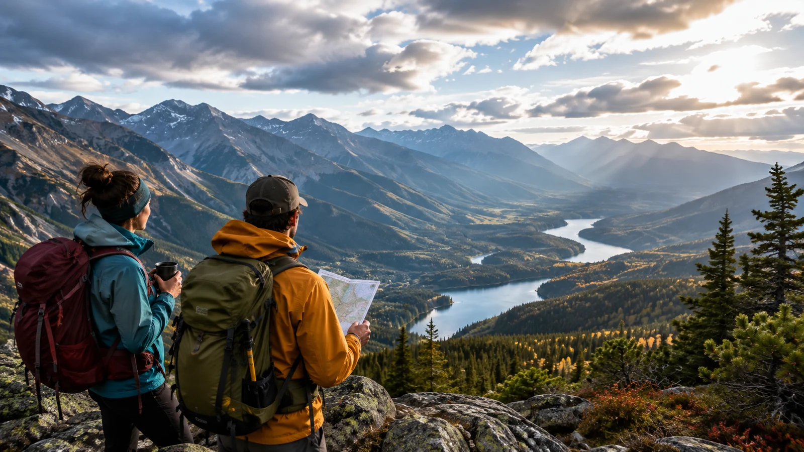 Two day hikers reviewing a map from a mountain overlook beneath changing cloud conditions.
